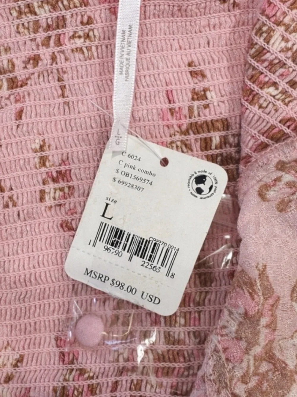 Free People Hilary Floral Ruched Top Pink Square Neck NWT L Fits S
